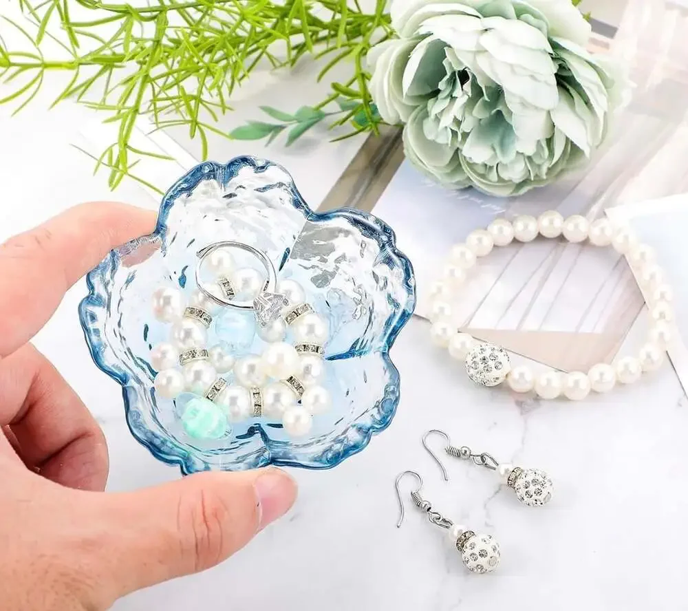 Beebeecraft Sakura Steel Blue Cherry Blossom Flower Glass Jewelry Dish Tray